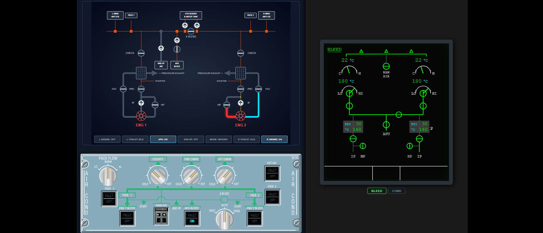 PAFAERO A320 Systems Simulator showing a pneumatic system schematic, cockpit controls and ECAM indications together.