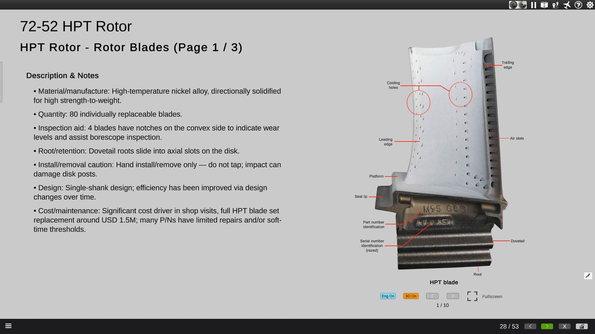 High pressure turbine blade training page
